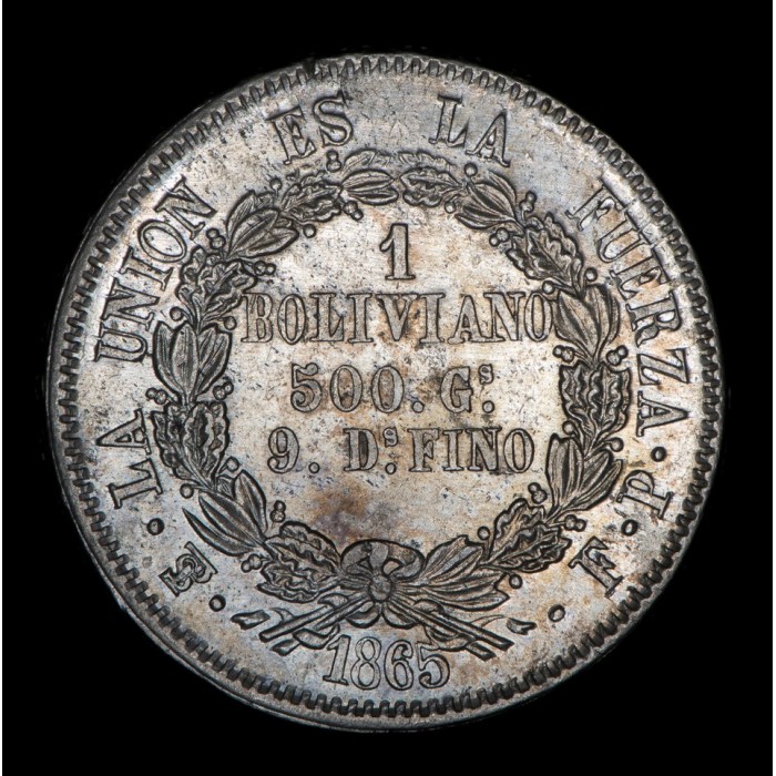 Bolivia 1 Boliviano 1865/5 FP KM152.1 Ag EXC