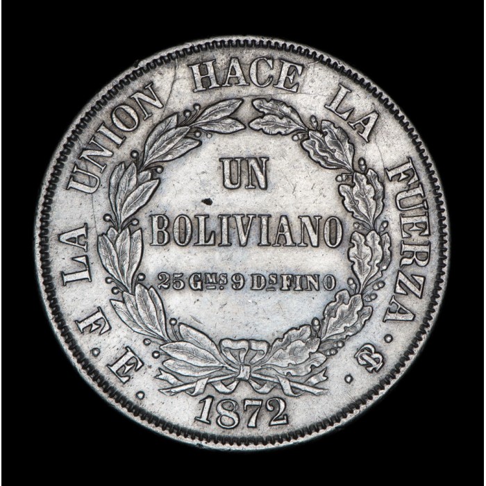 Bolivia 1 Boliviano 1872 FE KM155.4 Ag EXC