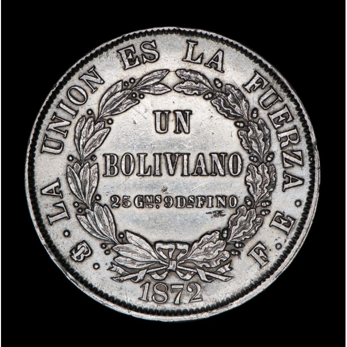 Bolivia 1 Boliviano 1872 FE KM160.1 Ag EXC