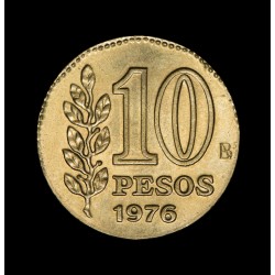 Error Argentina 10 Pesos 1976 Acuñada en Cospel de 1 Peso Bronce de Aluminio UNC