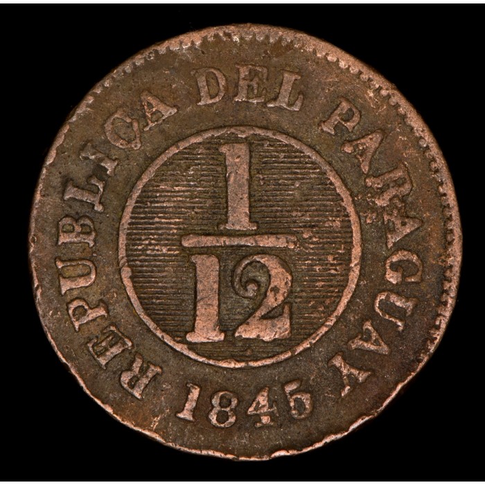 Paraguay 1/12 Real 1845 Tipo 8 Asuncion Crude KM1.2 Leve Giro Cobre