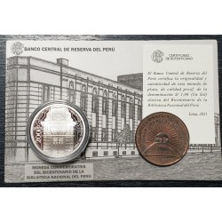 Peru moneda 1 sol 2021 Bicentenario Biblioteca Nacional UNC + Medalla Inauguracion año 1884 en cobre