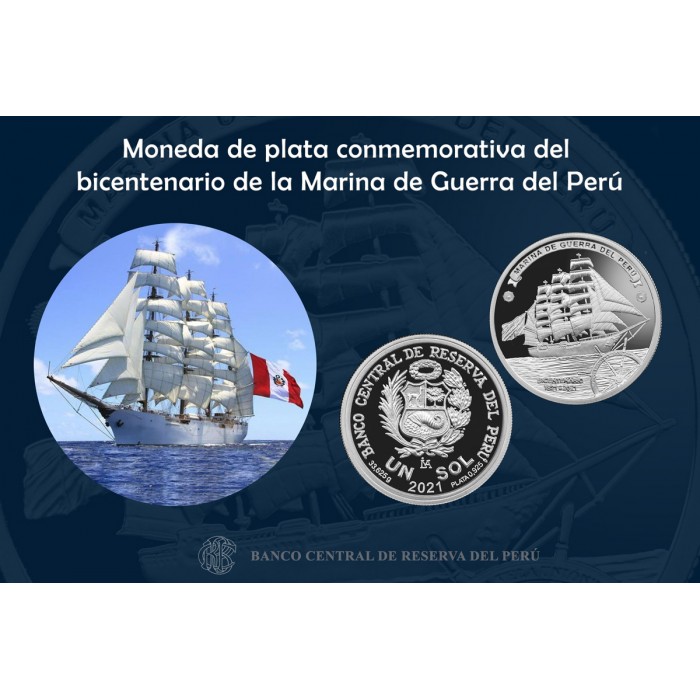 Peru 1 Sol 2021 Bicentenario Marina de Guerra 1 Onza Plata Proof UNC