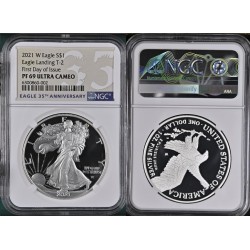 Estados Unidos 1 Dolar 2021-W Tipo 2 PROOF American Silver Eagle Certificada NGC PF69 First Day Plata