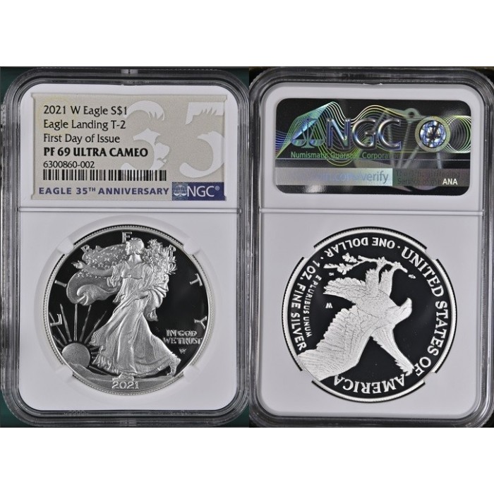 Estados Unidos 1 Dolar 2021-W Tipo 2 PROOF American Silver Eagle Certificada NGC PF69 First Day Plata
