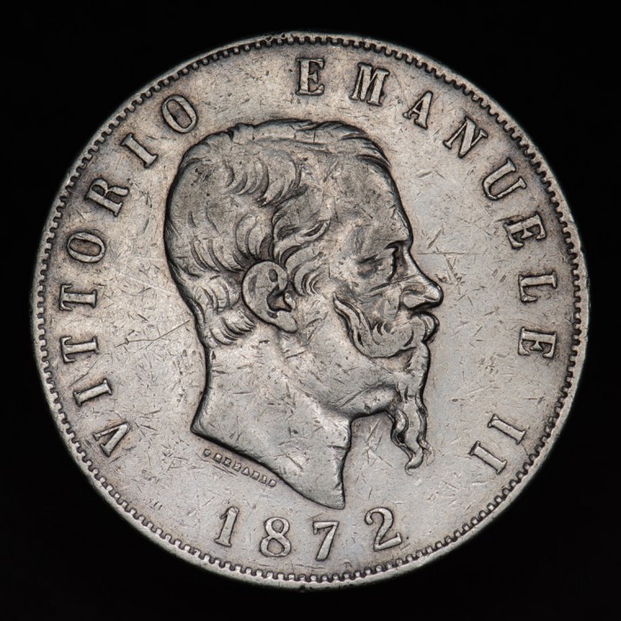 Italia 5 Liras 1872 M BN KM8.3 Vittorio Emanuele II Ag MB