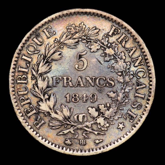 Francia 5 Francos 1849 BB KM756.2 Hercules Ag MB+
