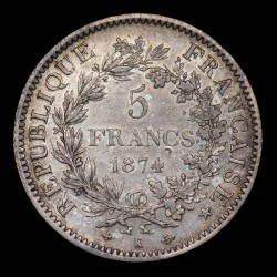 Francia 5 Francos 1874K KM820.2 Hercules Ag MB+