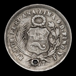 Peru 1 Dinero 1877 YJ Error Feilz KM190 Ag Bueno con Perforacion