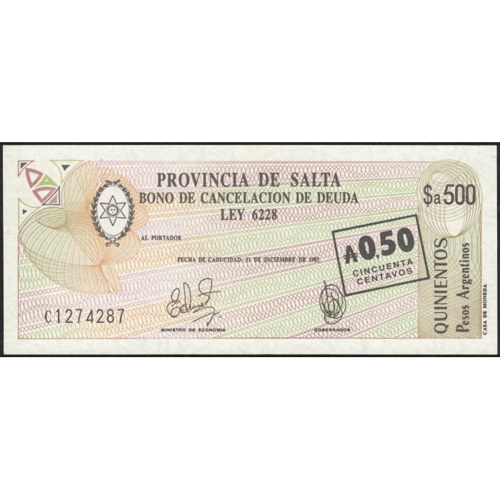 C007 Bono Salta 500 Pesos Argentinos Resellado a 50 Centavos de Austral UNC