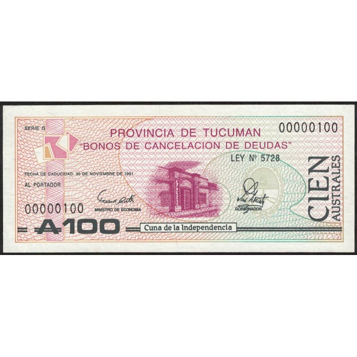 C119 Bono Tucuman 100 Australes Numeracion muy baja UNC