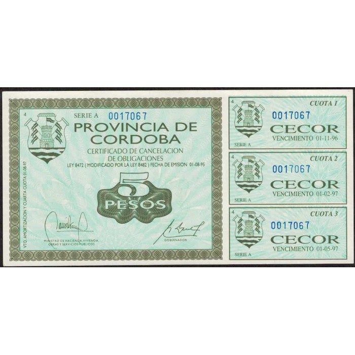 C260 Bono Provincia de Cordoba 5 Pesos CECOR UNC