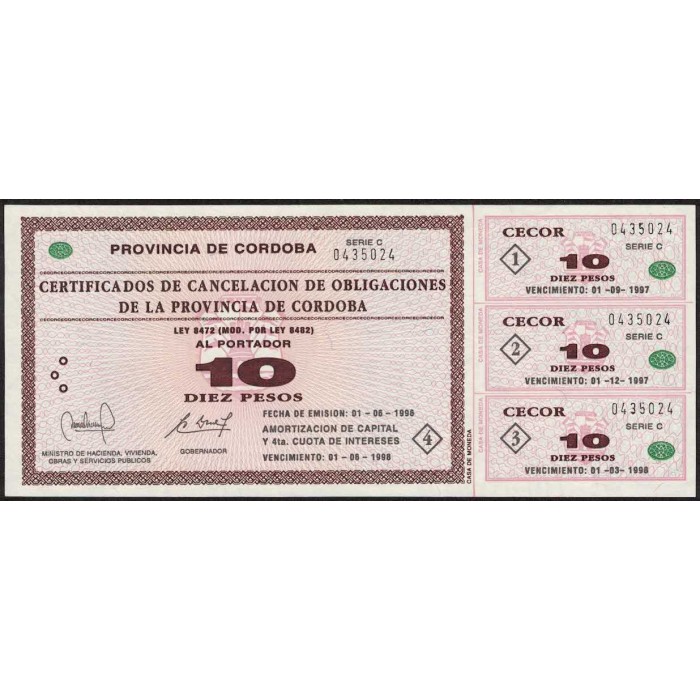C265 Bono Provincia de Cordoba 10 Pesos CECOR UNC