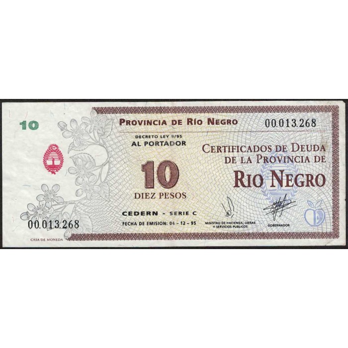 C396 Bono Provincia de Rio Negro 10 Pesos CEDERIN MB+