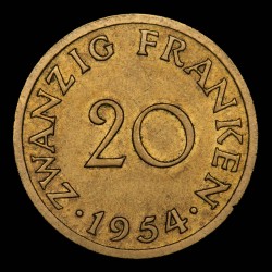 Saarland Alemania 20 Franken 1954 KM2 Bronce EXC-
