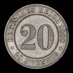 Alemania Reich 20 Pfenning 1888J KM9.1 Cuproniquel EXC