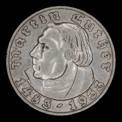 Alemania 3er Reich 5 Marcos Luther 1933D KM80 Ag EXC