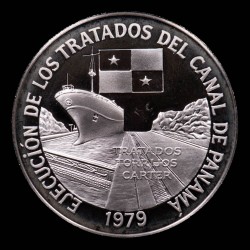 Panama 10 Balboas 1979 Ejecución del Tratado del Canal KM59 Ag Proof UNC