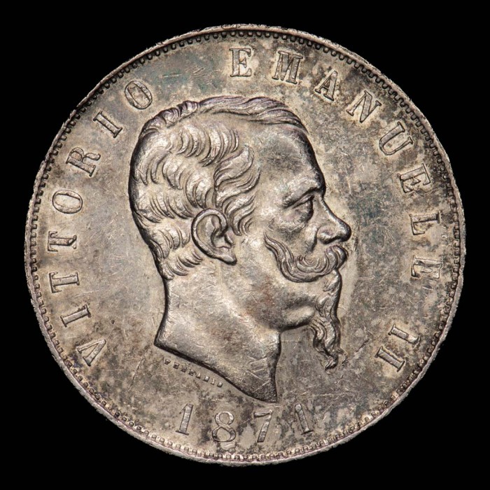 Italia 5 Liras 1871 M NB KM8.3 Ag EXC+