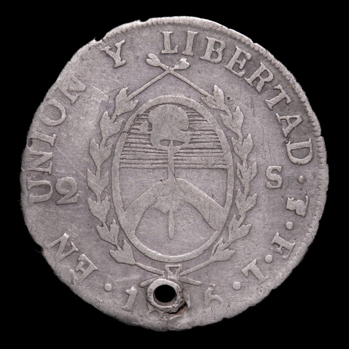 Argentina 2 Soles 1815 A1-R1 CJ12.1.1 KM12 Ag B+ Perforada