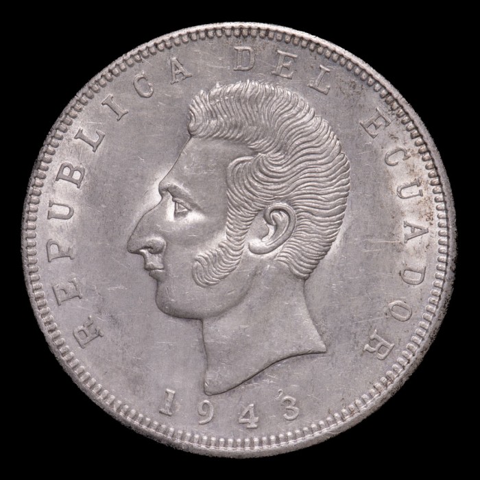 Ecuador 5 Sucres 1943 KM79 Simon Bolivar Ag UNC