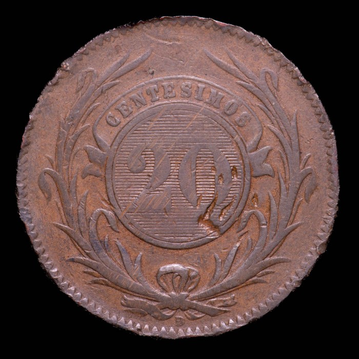 Uruguay 20 Centesimos 1857D KM9 Cobre B+