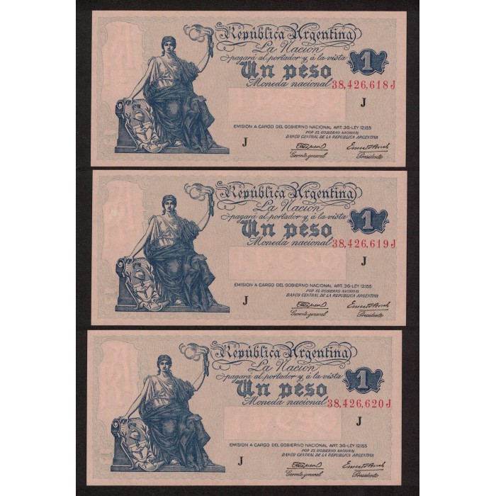 B1827a 1 Peso Ley 12.155 1945 Numeros Correlativos UNC
