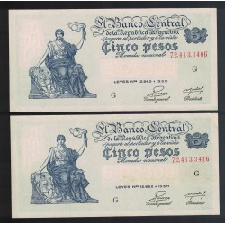 B1866 5 Pesos Leyes 12.962 y 13.571 1954 Numeros Correlativos UNC