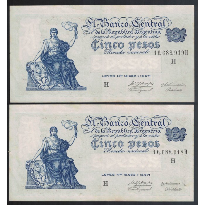 B1871 5 Pesos Leyes 12.962 y 13.571 1956 Numeros Correlativos