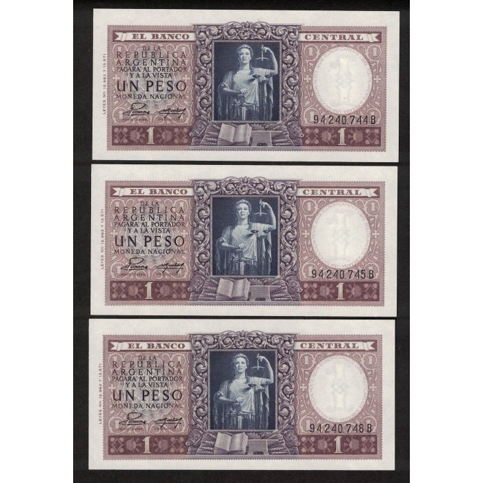 B1912 1 Peso Leyes 12.962 y 13.571 1954 Numeros Correlativos UNC