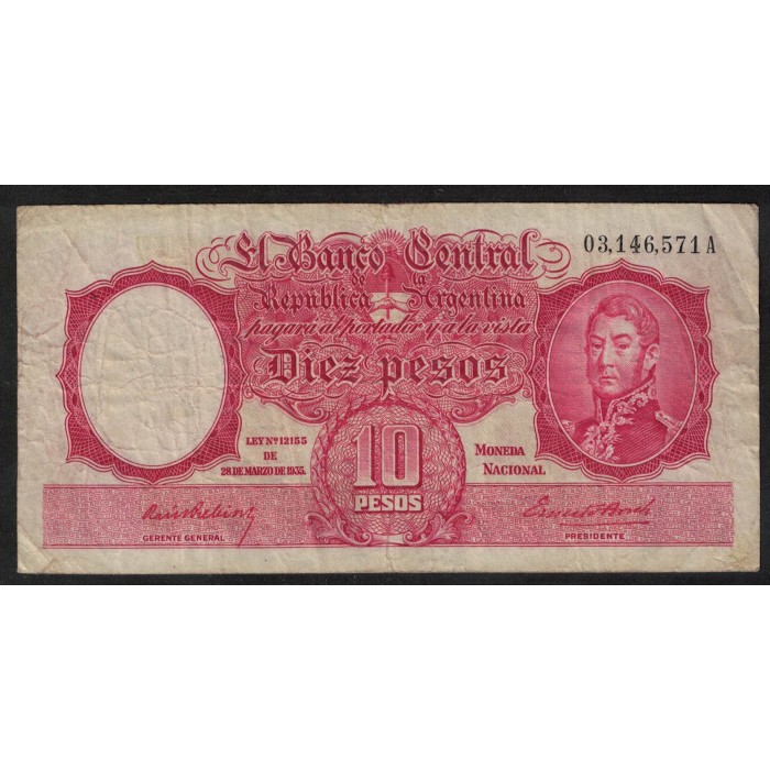 B1927 10 Pesos Ley 12155 1942 Firmas en Rojo