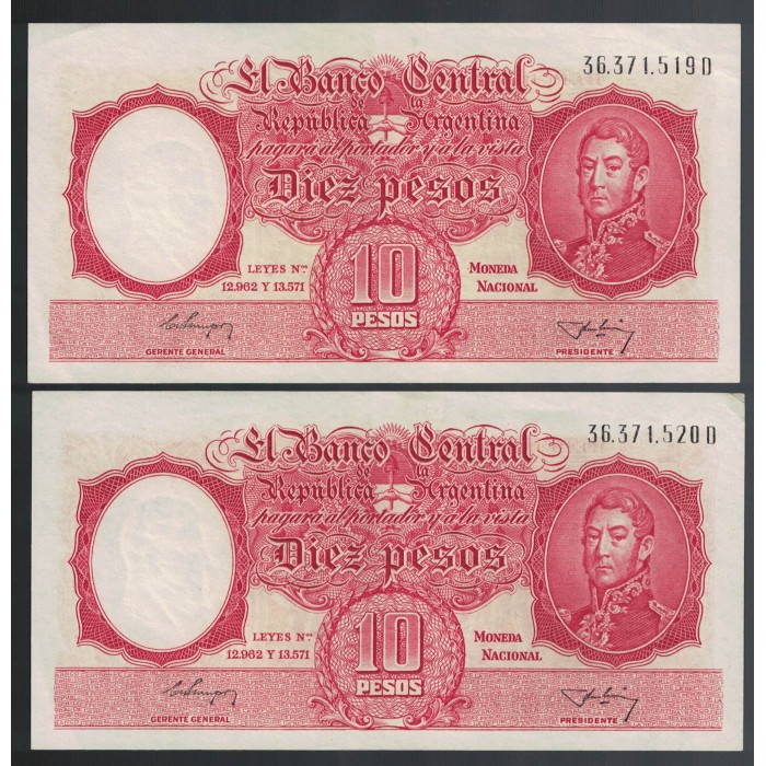 B1952 10 Pesos Leyes 12.962 y 13.571 1955 Numeros Correlativos