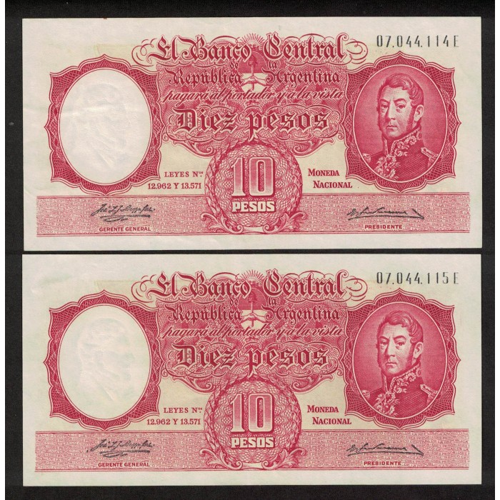 B1958 10 Pesos Leyes 12.962 y 13.571 1957 Numeros Correlativos