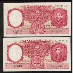 B1959 10 Pesos Leyes 12.962 y 13.571 1958 Filigrana B Numeros Correlativos