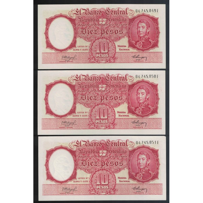 B1965 10 Pesos Leyes 12.962 y 13.571 1960 Numeros Correlativos