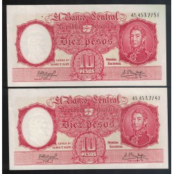 B1969 10 Pesos Leyes 12.962 y 13.571 1960 Filigrana B Numeros Correlativos