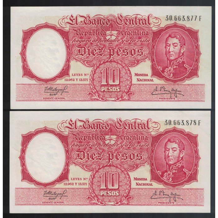 B1969a 10 Pesos Leyes 12.962 y 13.571 1960 Filigrana C Numeros Correlativos
