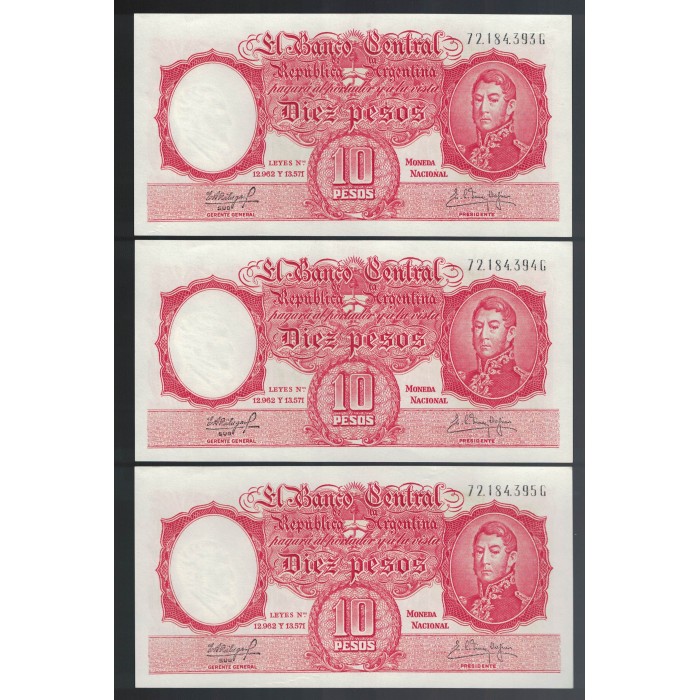 B1972 10 Pesos Leyes 12.962 y 13.571 1962 Numeros Correlativos UNC
