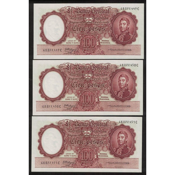 B2065 100 Pesos Leyes 12.962 y 13.571 1963 Numeros Correlativos UNC