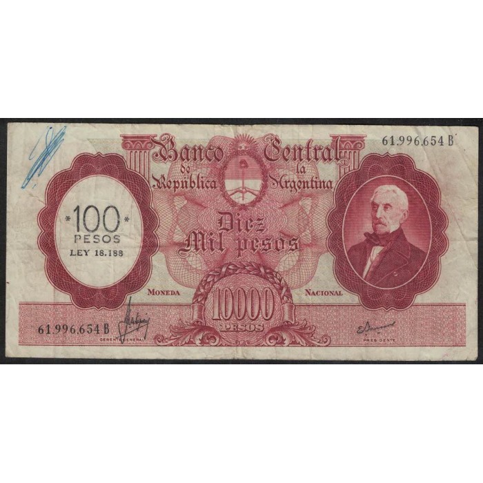 B2222 10000 Pesos 1970 Resellado a 100 Pesos Ley 18.188