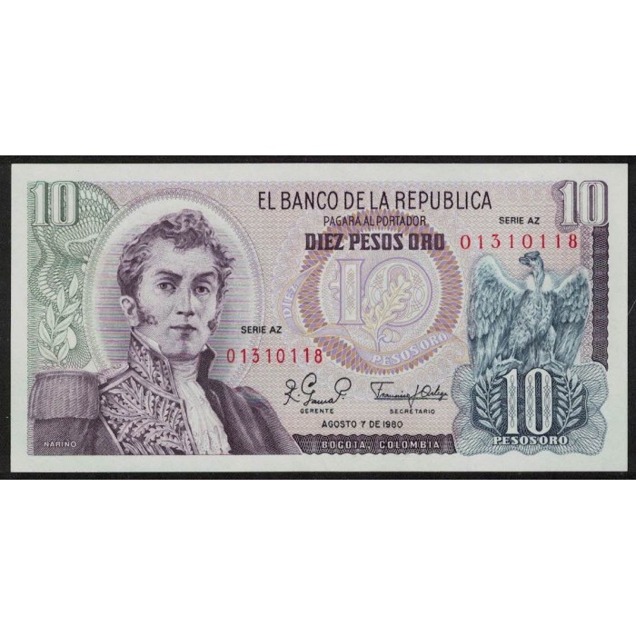 Colombia P407g 10 Pesos 1980 UNC
