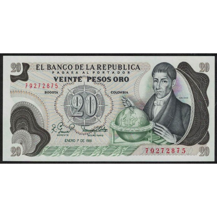 Colombia P409d 20 Pesos Oro 1981 UNC