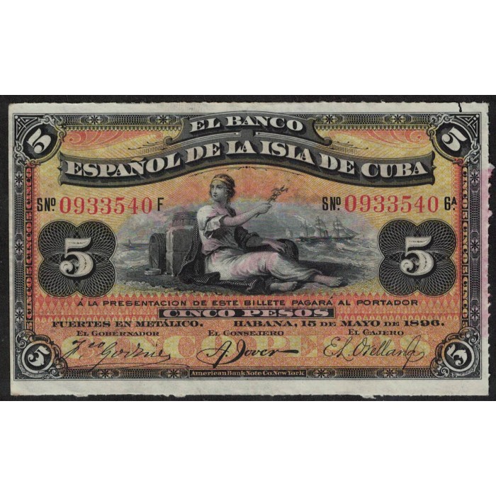 Cuba P48 5 Pesos 1896 UNC