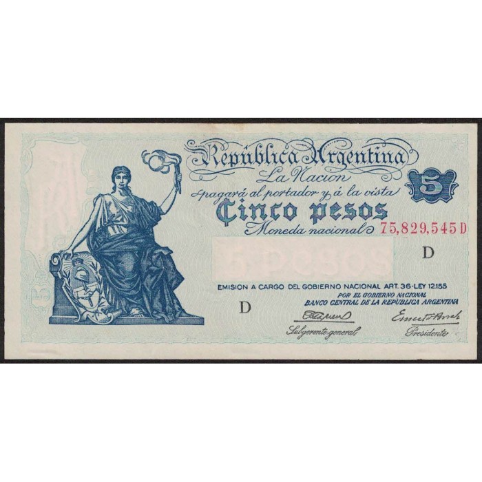 B1852 5 Pesos Progreso Ley 12.155 D 1944