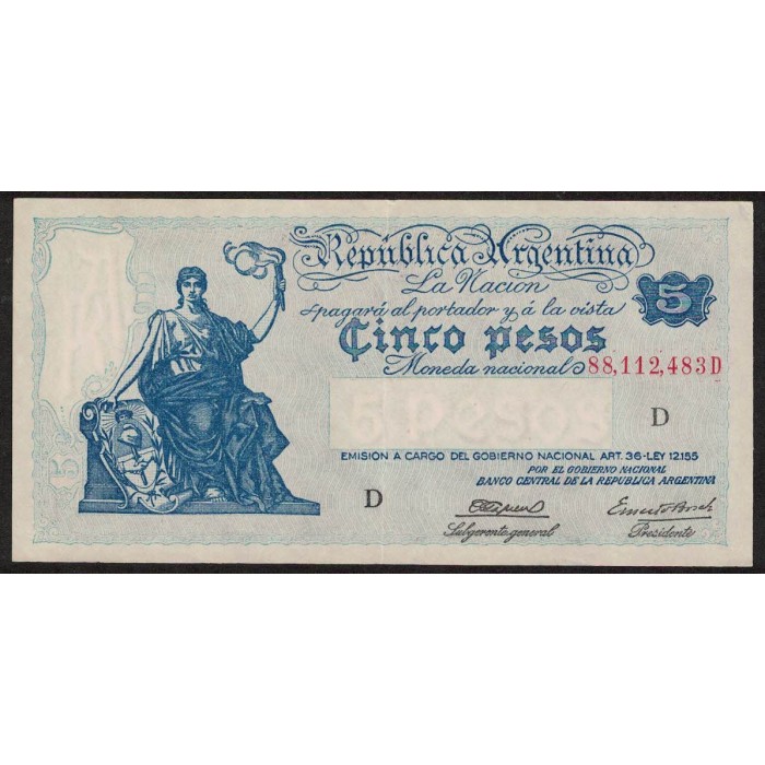 B1853 5 Pesos Progreso Ley 12.155 D 1945