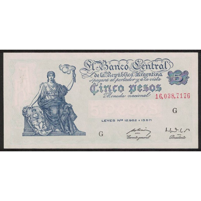 B1863 5 Pesos Progreso Leyes 12.962 y 13.571 G 1952 UNC