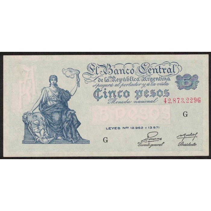 B1865 5 Pesos Progreso Leyes 12.962 y 13.571 G 1953 UNC