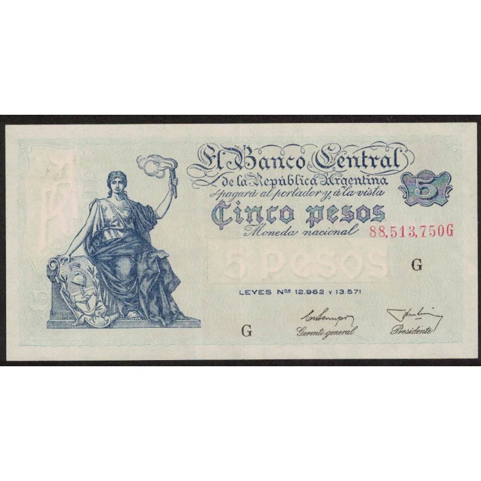 B1868 5 Pesos Progreso Leyes 12.962 y 13.571 G 1955