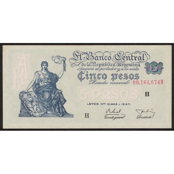 B1870 5 Pesos Progreso Leyes 12.962 y 13.571 H 1956 UNC