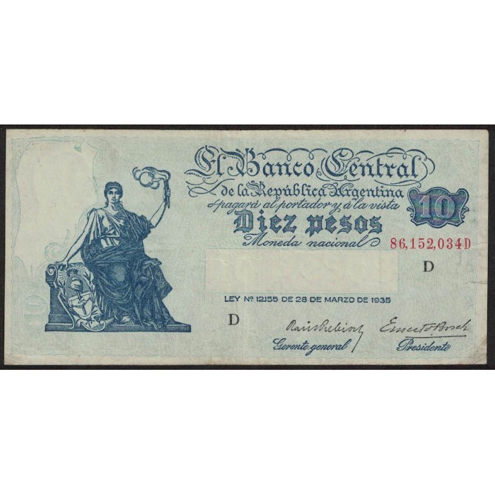 B1885 10 Pesos Progreso Ley 12.155 D 1943